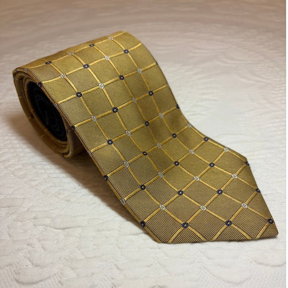 Tommy Hilfiger Mens Silk Necktie Gold Tan Geometric Grid Check Made USA Vintage